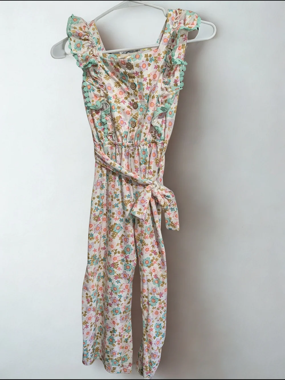 Girls Floral Ruffle Strap Jumpsuit in Pastel Multicolor